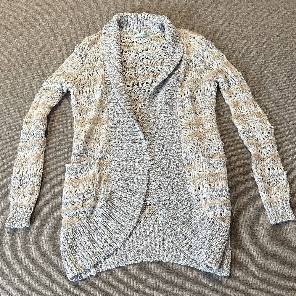 Maurices Cream and Gray Knit Open-Front Cardigan